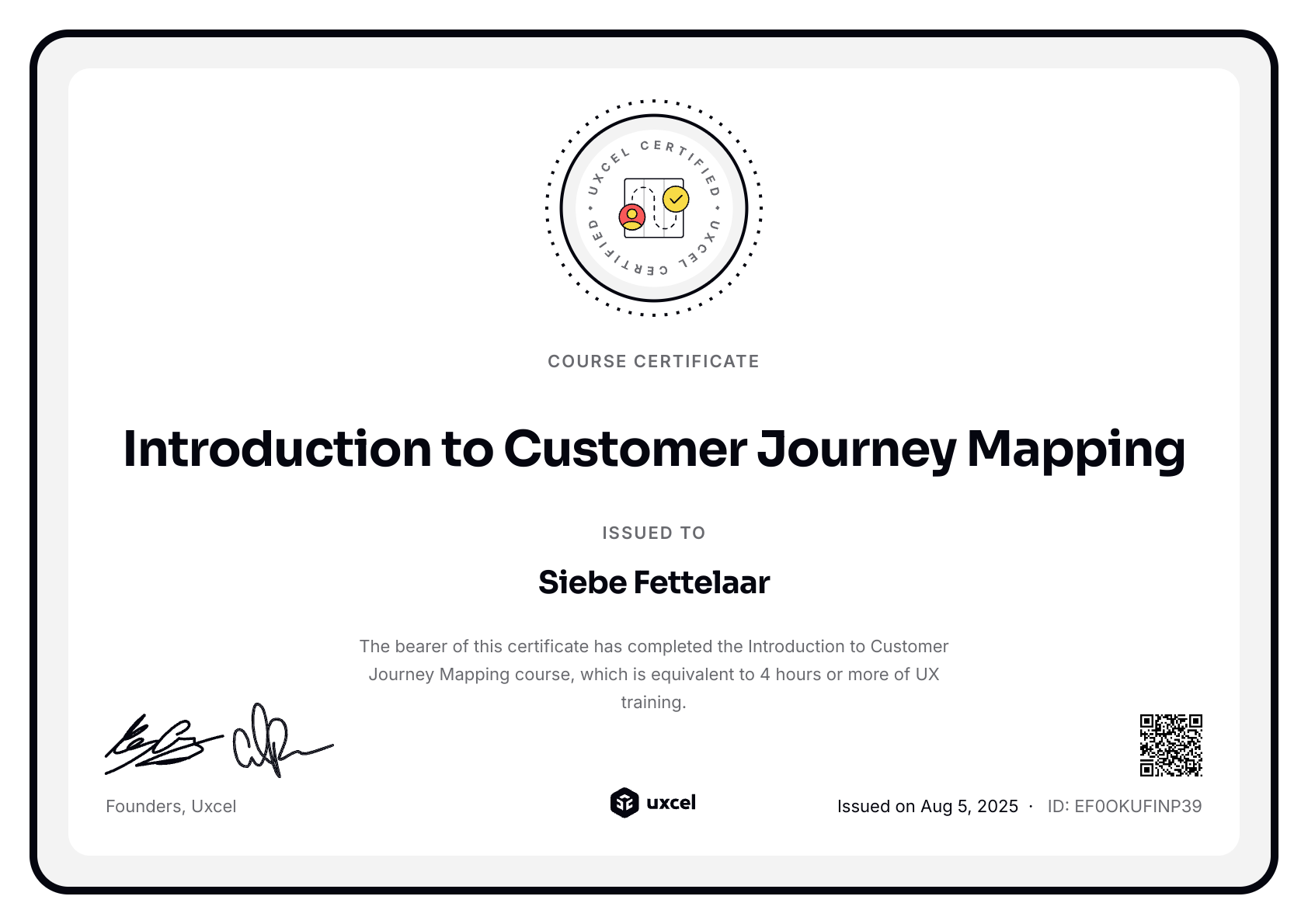 Siebe Fettelaar's certificate